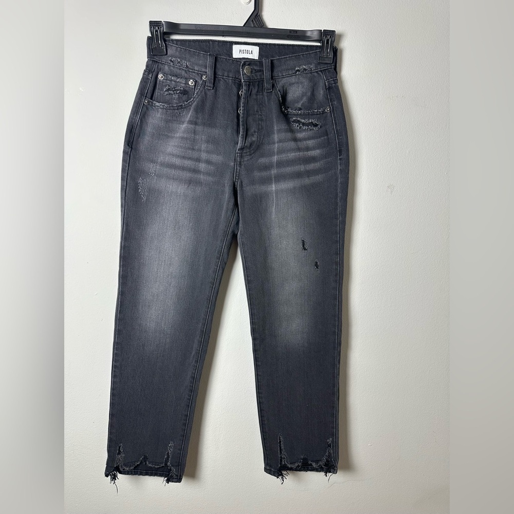 Pistola Straight Ankle Jeans Distressed Raw Hem Black Sz 26 Button Fly